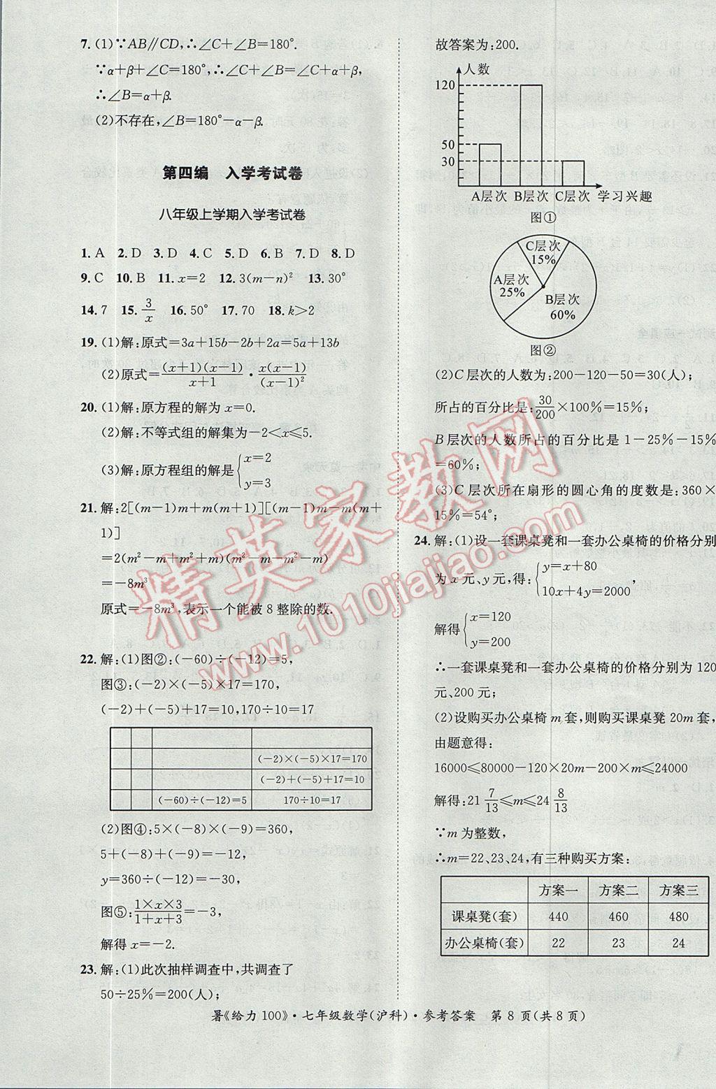 2017年新浪书业学年总复习给力100暑七年级数学沪科版 参考答案第8页