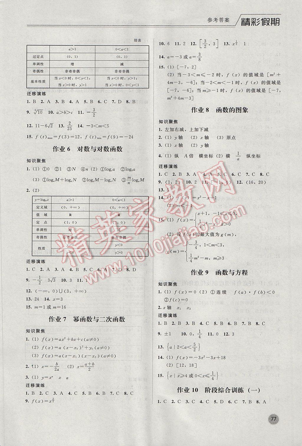 2017年精彩假期暑假作业高一数学人教A版 参考答案第2页