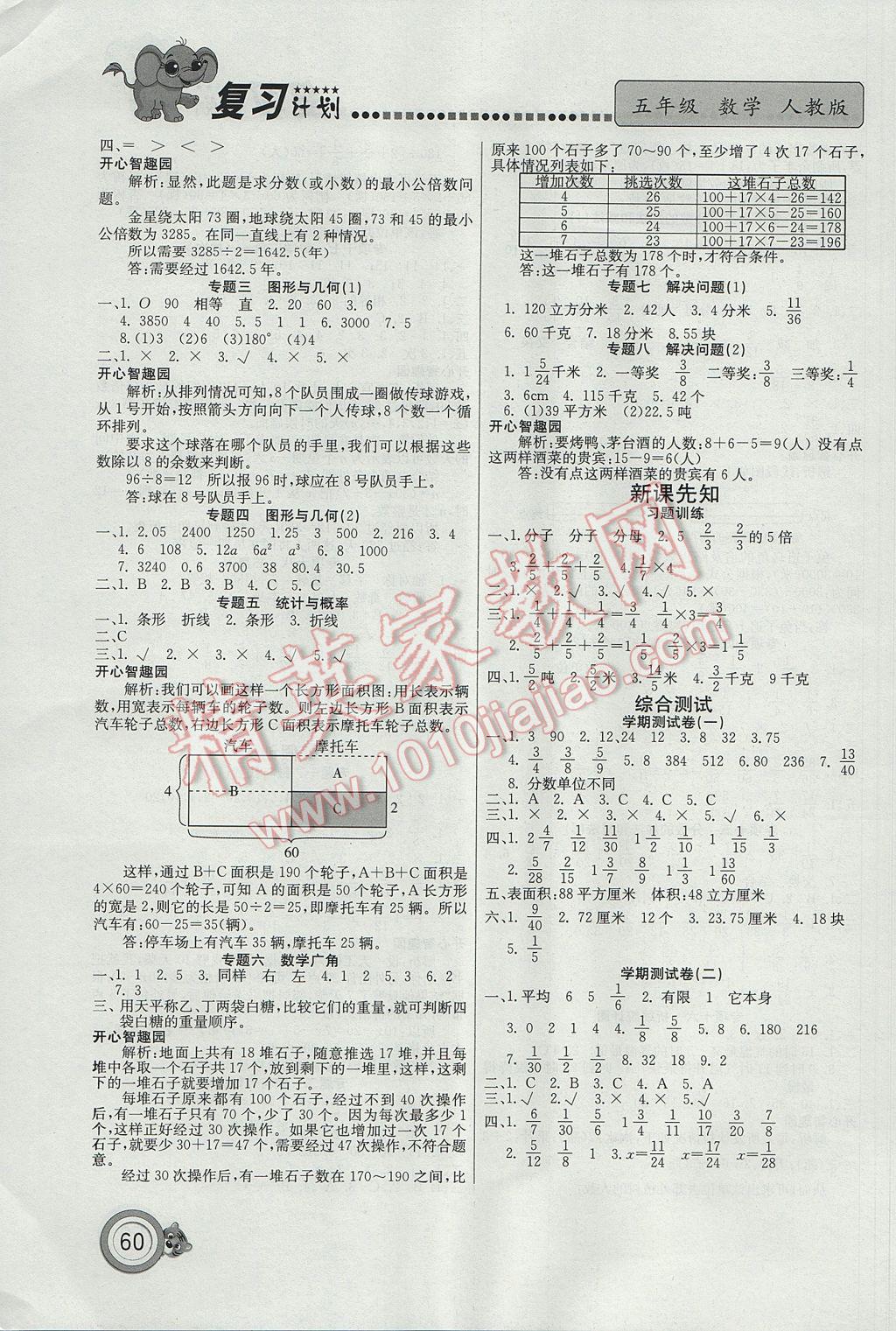 2017年复习计划100分期末暑假衔接五年级数学人教版 参考答案第4页