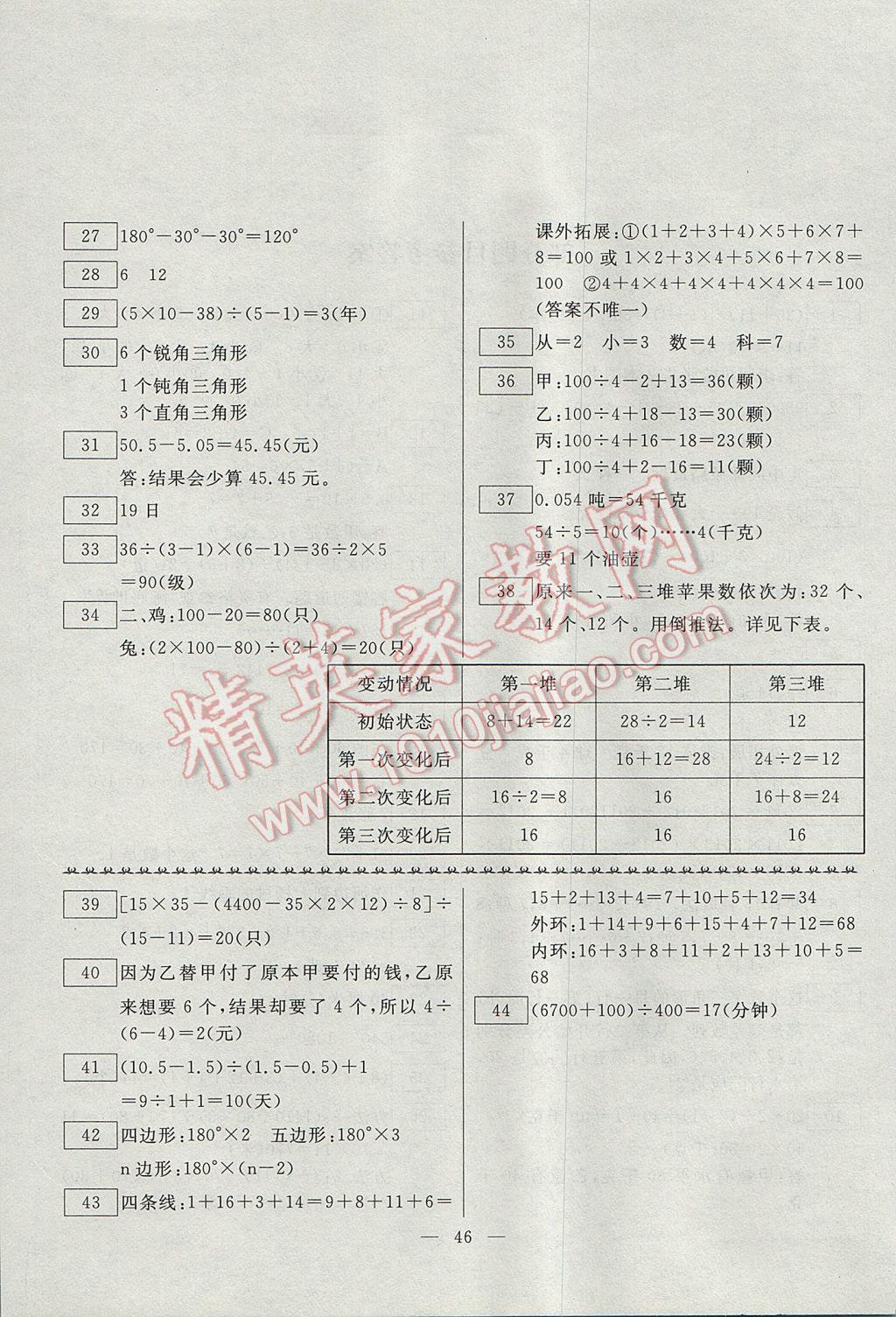 2017年一诺书业暑假作业快乐假期四年级数学人教版云南美术出版社 参考答案第2页