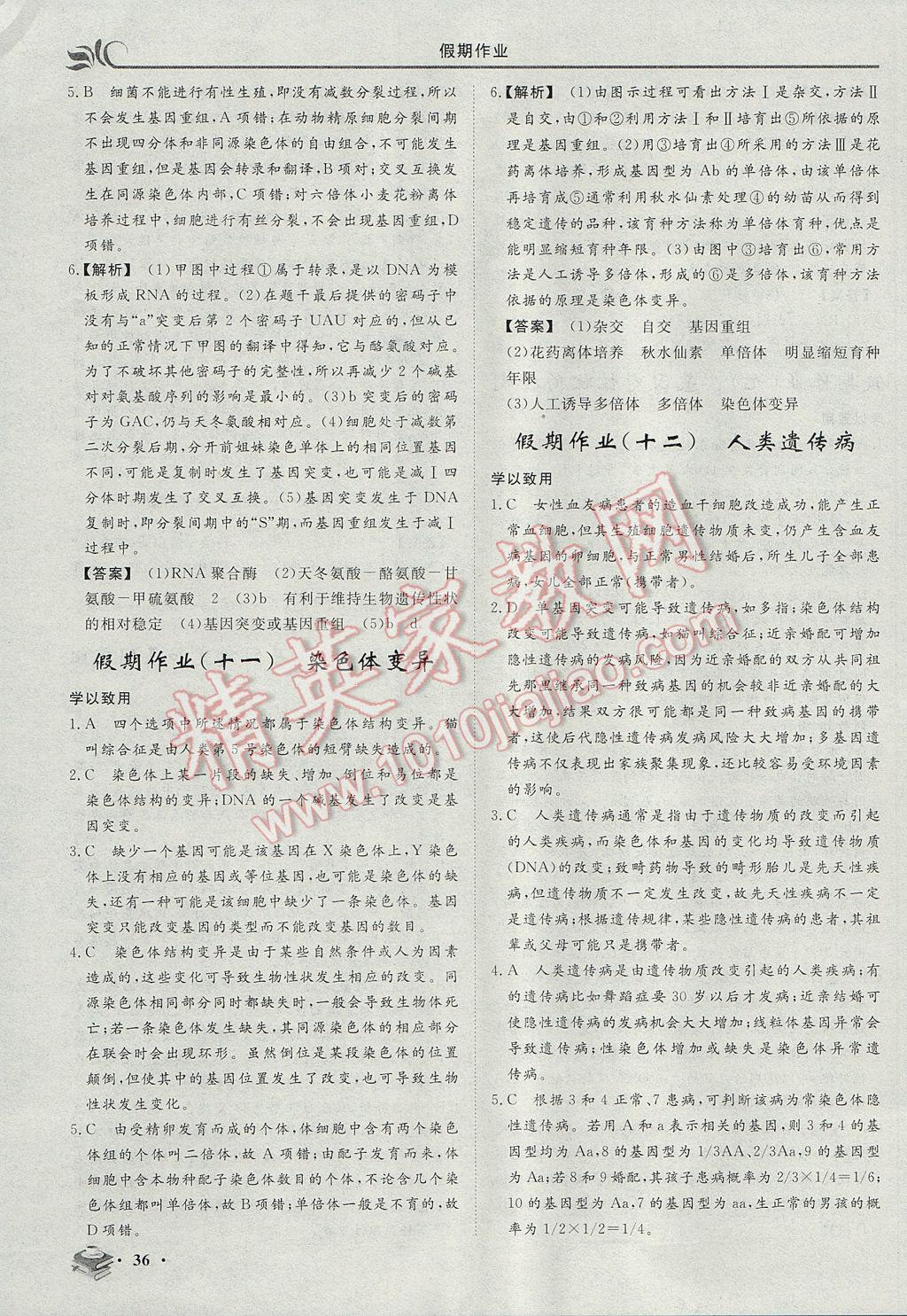 2017年金榜題名系列叢書新課標(biāo)快樂假期暑高一年級生物 參考答案第6頁