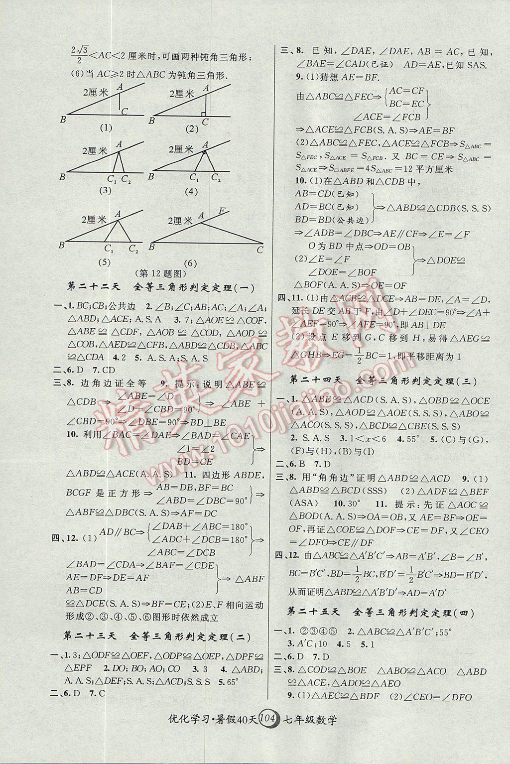 2017年优化学习暑假40天七年级数学上海地区专用 参考答案第6页