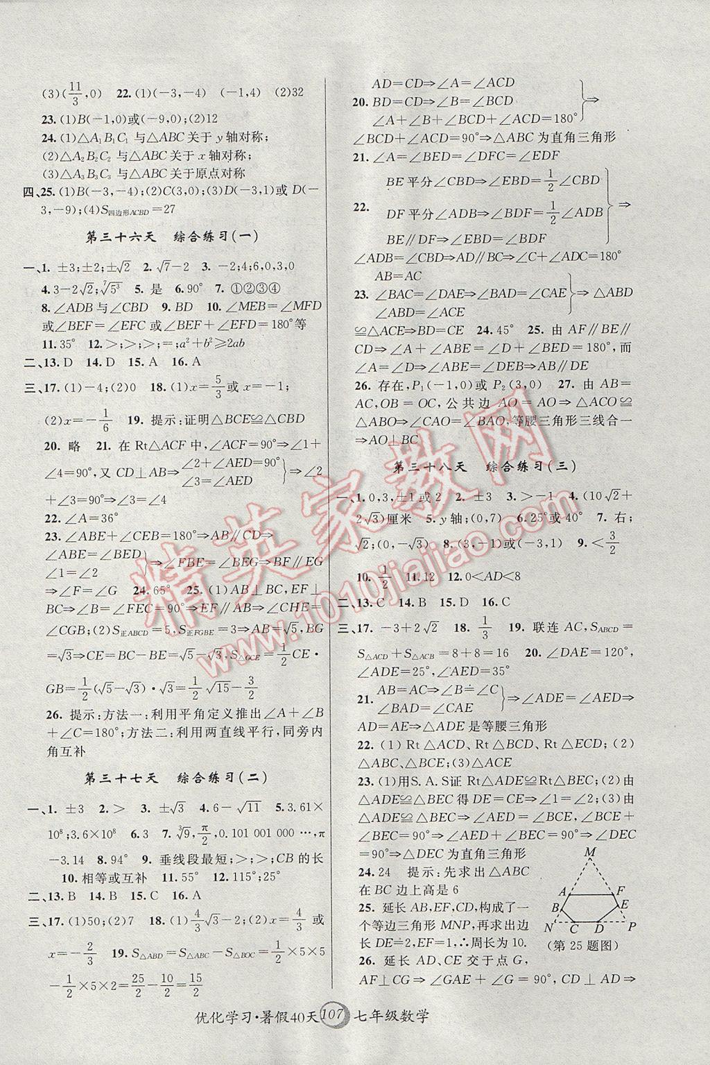 2017年优化学习暑假40天七年级数学上海地区专用 参考答案第9页