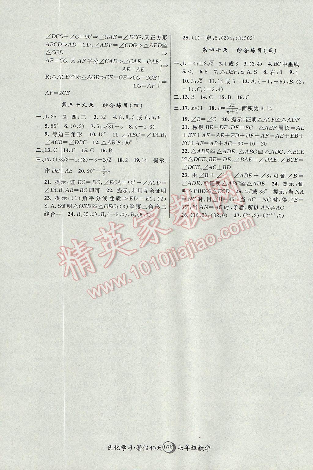 2017年优化学习暑假40天七年级数学上海地区专用 参考答案第10页