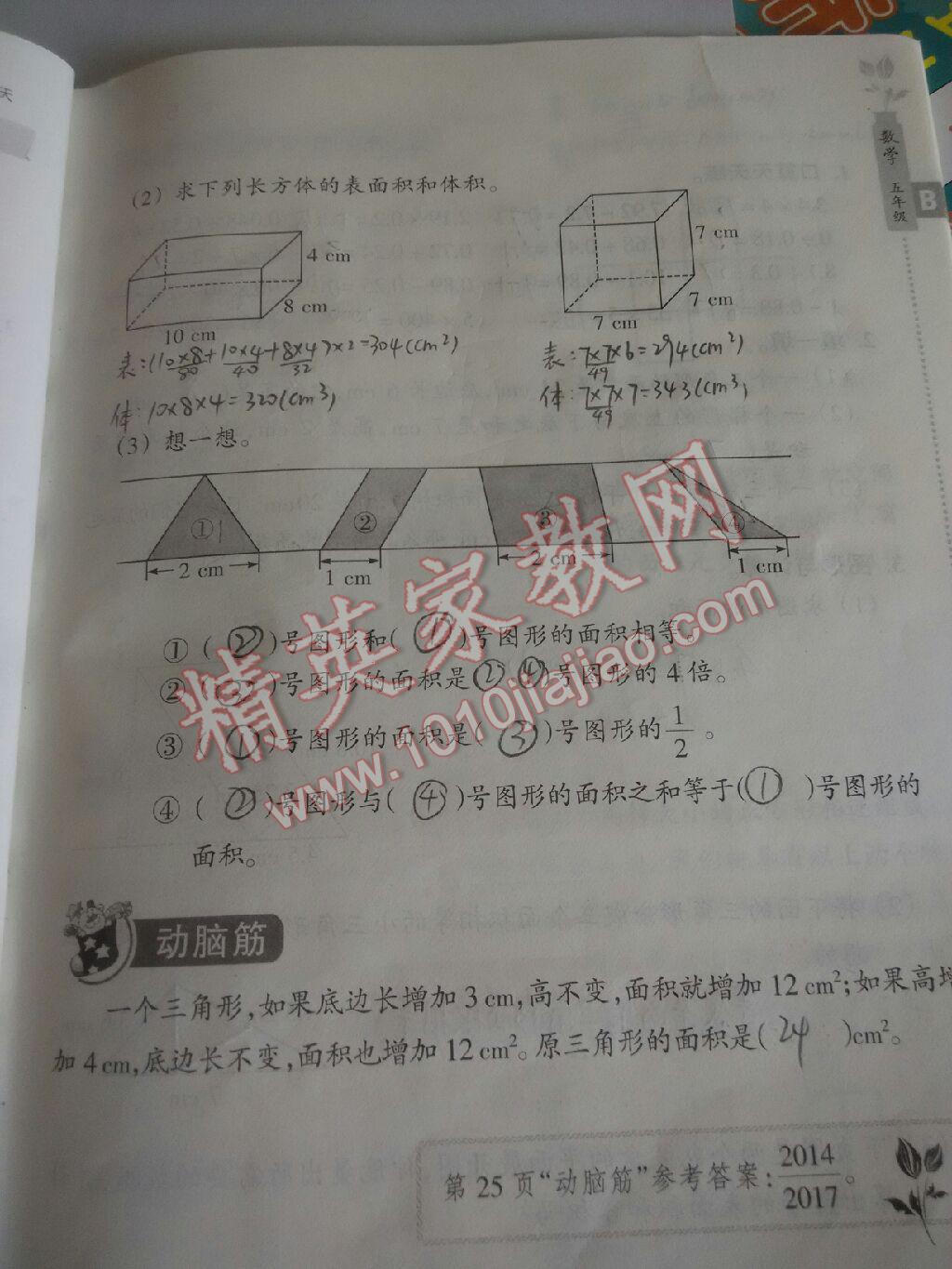 2017年暑假作业本五年级数学北师大版科学教科版浙江教育出版社 参考答案第19页