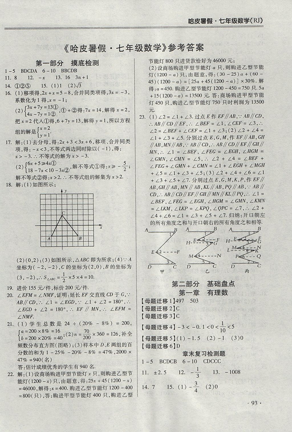 2017年哈皮暑假七年级数学人教版 参考答案第1页