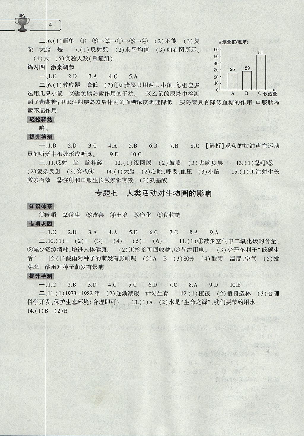 2017年生物学暑假作业本七年级人教版大象出版社 参考答案第4页