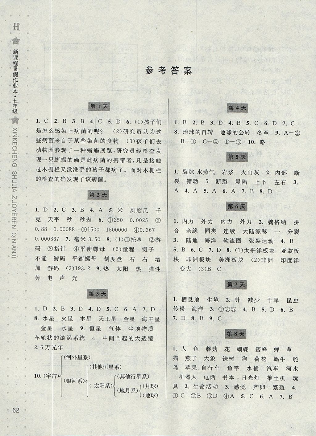 2017年新课程暑假作业本七年级科学华师大版宁波出版社 参考答案第1页