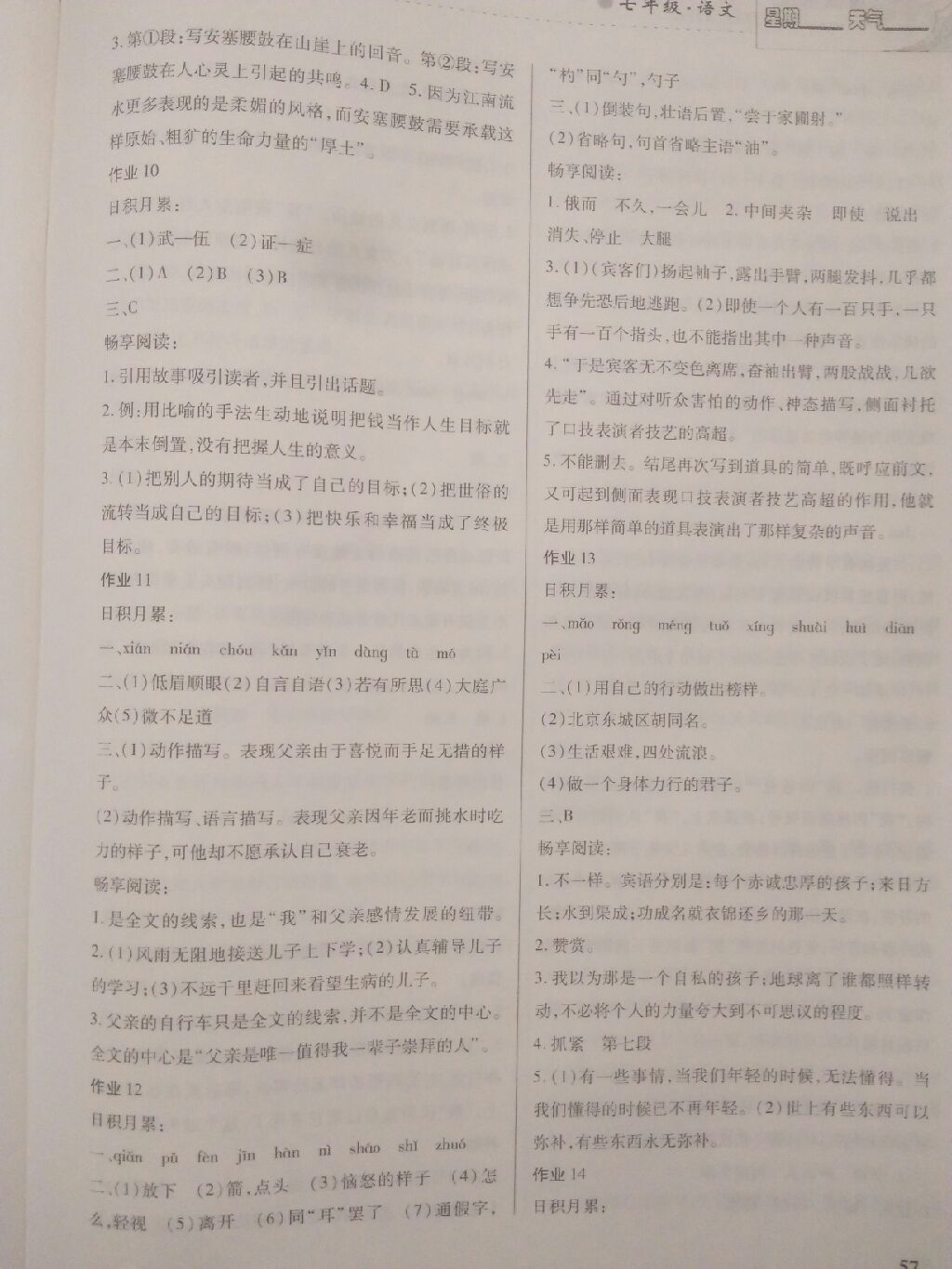 暑假作业七年级语文 参考答案第4页