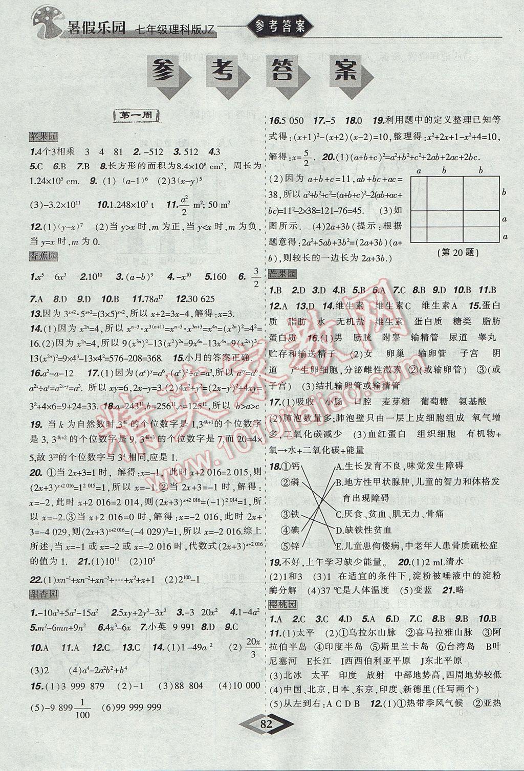 2017年暑假樂園七年級理科版JZ遼寧師范大學(xué)出版社 參考答案第1頁