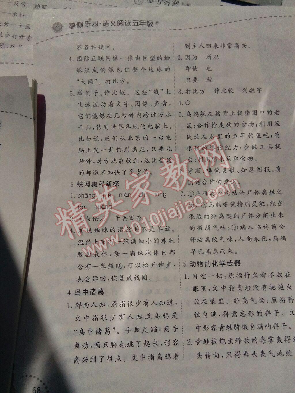 2017年暑假乐园五年级语文阅读辽宁师范大学出版社 参考答案第2页