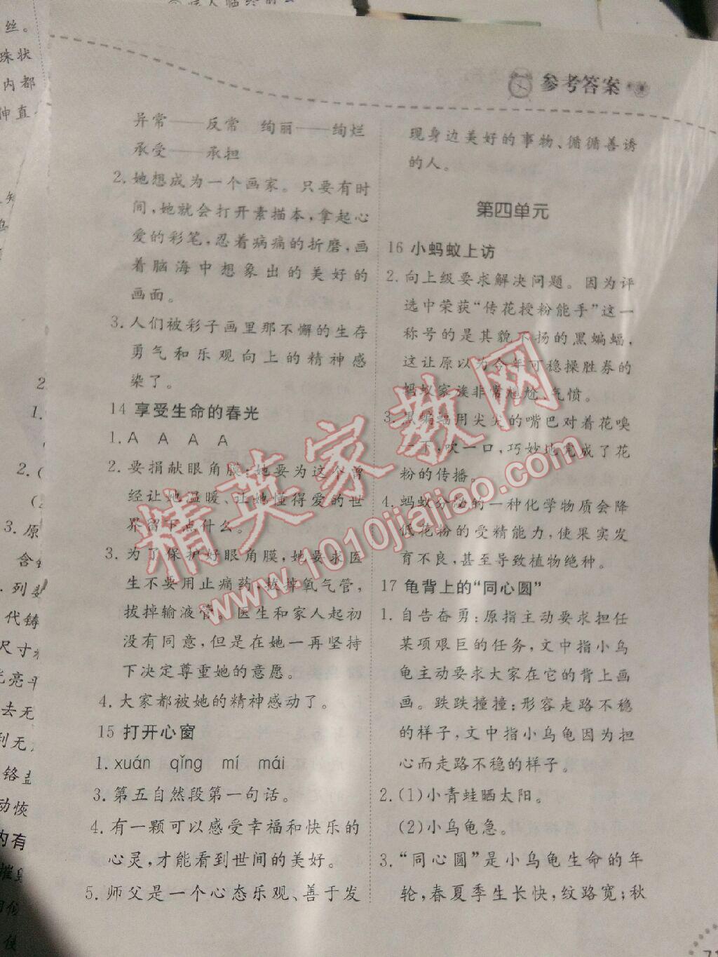 2017年暑假乐园五年级语文阅读辽宁师范大学出版社 参考答案第5页