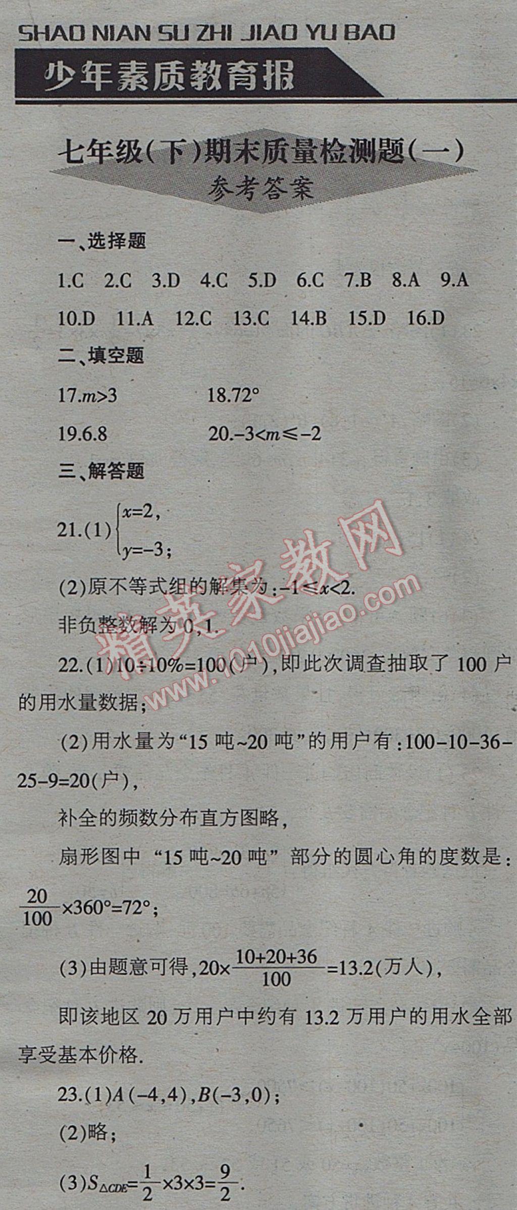 2017年少年素质教育报数学周刊暑假作业七年级下册人教版 参考答案第1页