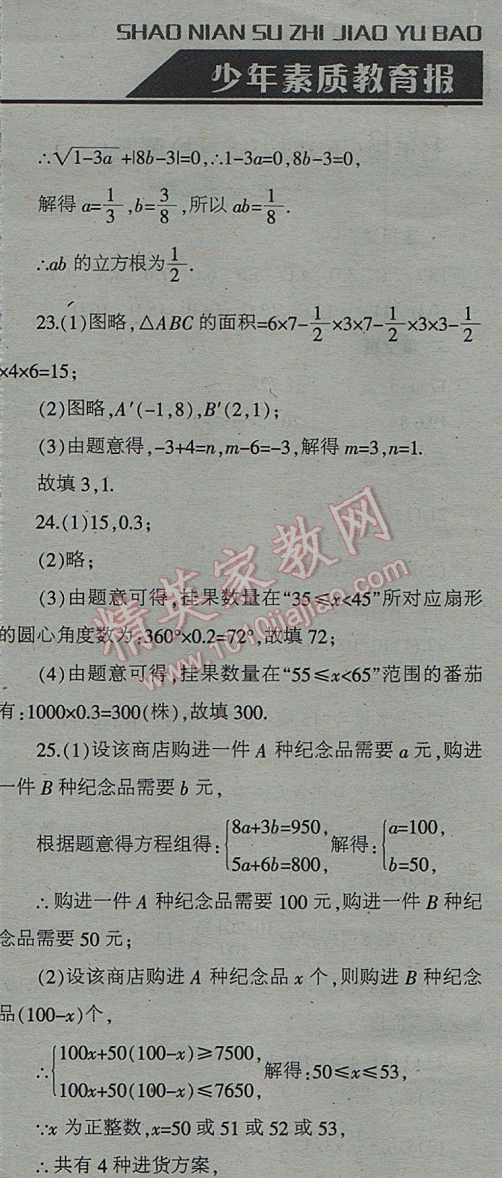 2017年少年素质教育报数学周刊暑假作业七年级下册人教版 参考答案第11页