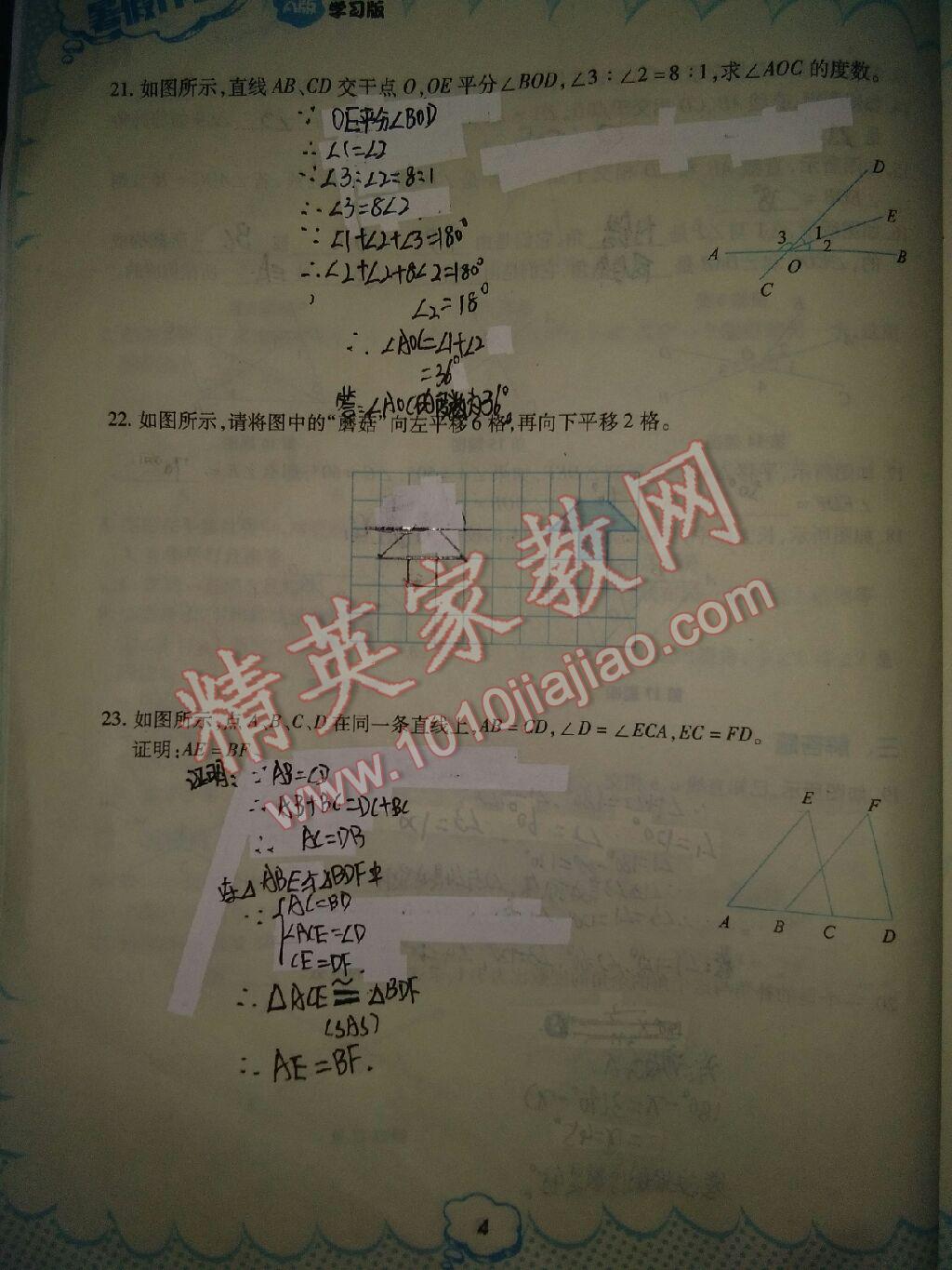 2017年暑假作业七年级数学人教版教育科学出版社 参考答案第33页