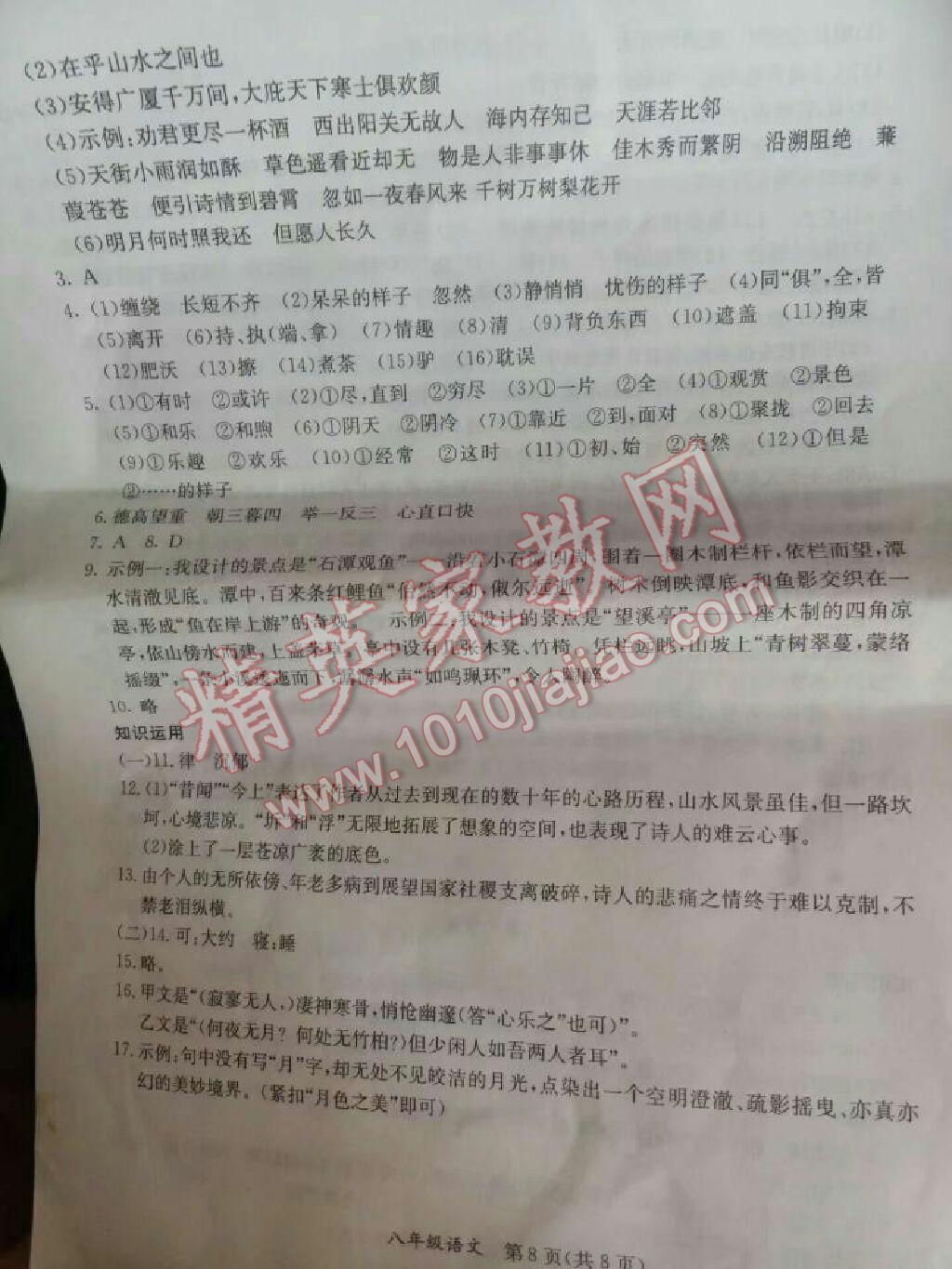 2017年暑假作業(yè)八年級合訂本A版河南專用延邊教育出版社 參考答案第8頁