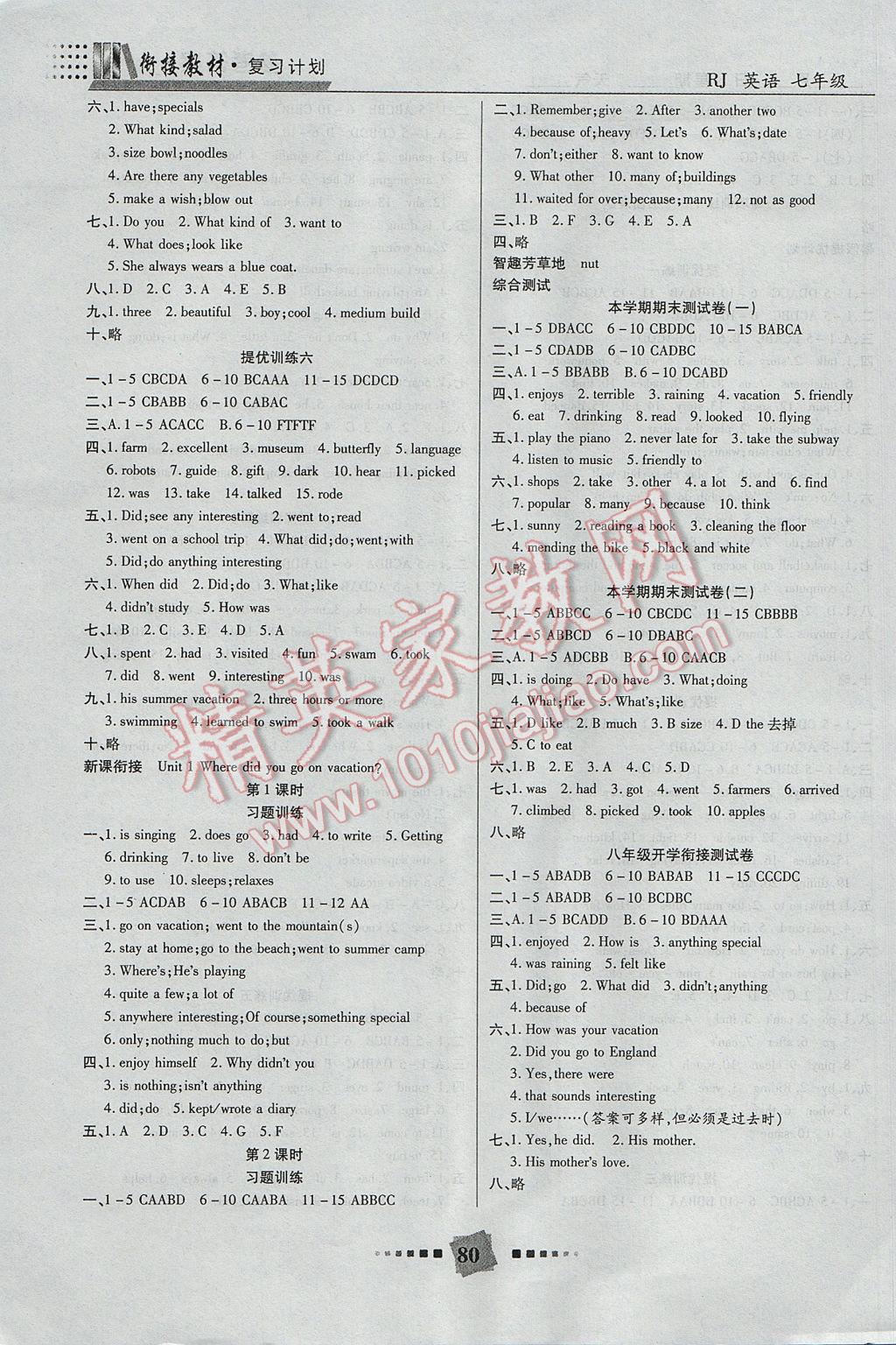 2017年銜接教材復(fù)習(xí)計劃期末沖刺暑假作業(yè)教材銜接七年級英語人教版 參考答案第4頁