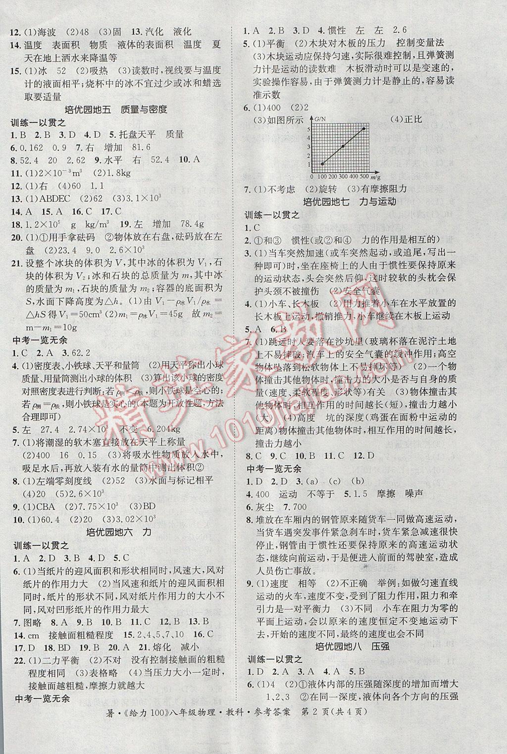 2017年新浪书业学年总复习给力100暑八年级物理教科版 参考答案第2页