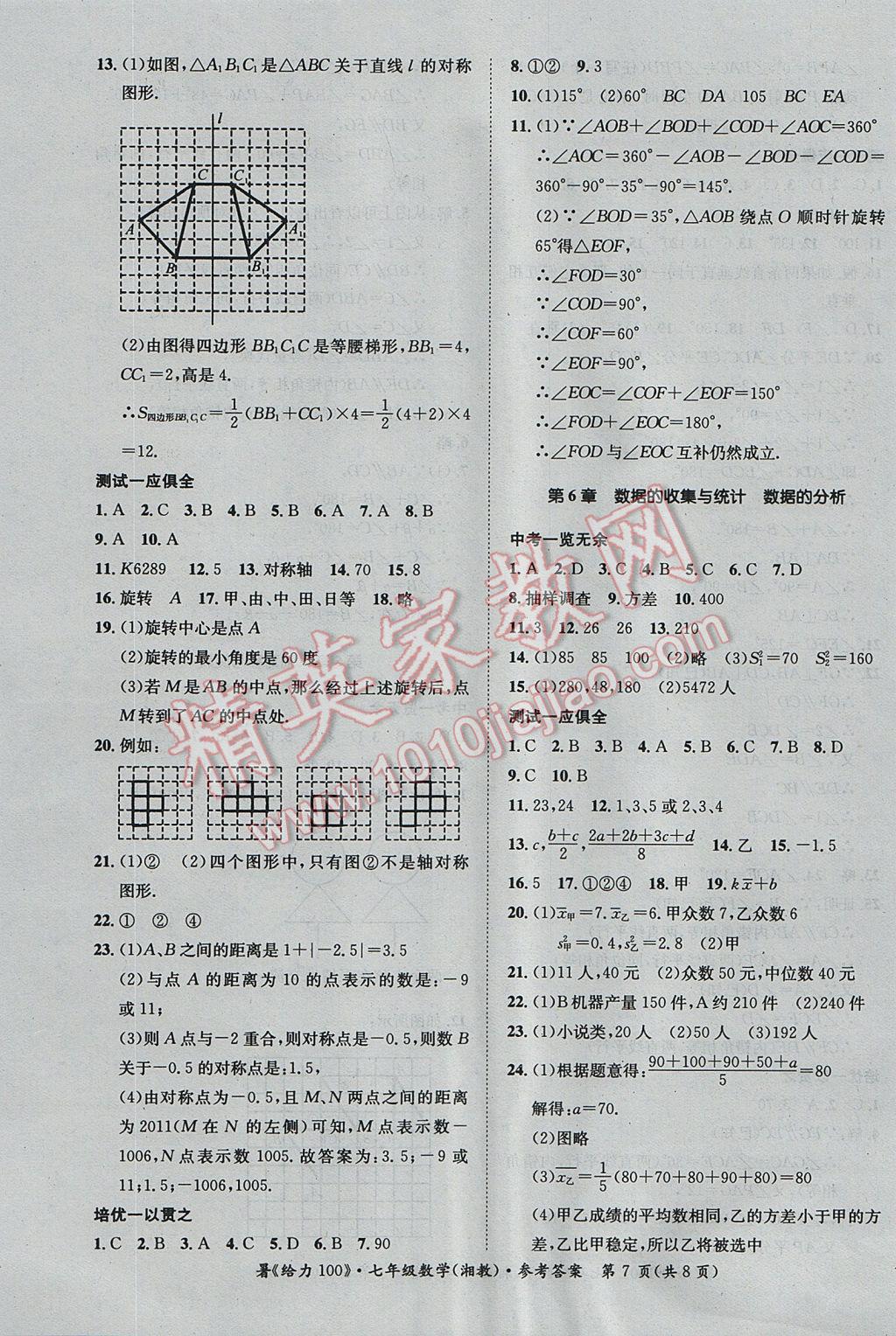 2017年新浪書業(yè)學(xué)年總復(fù)習(xí)給力100暑七年級(jí)數(shù)學(xué)湘教版 參考答案第7頁(yè)