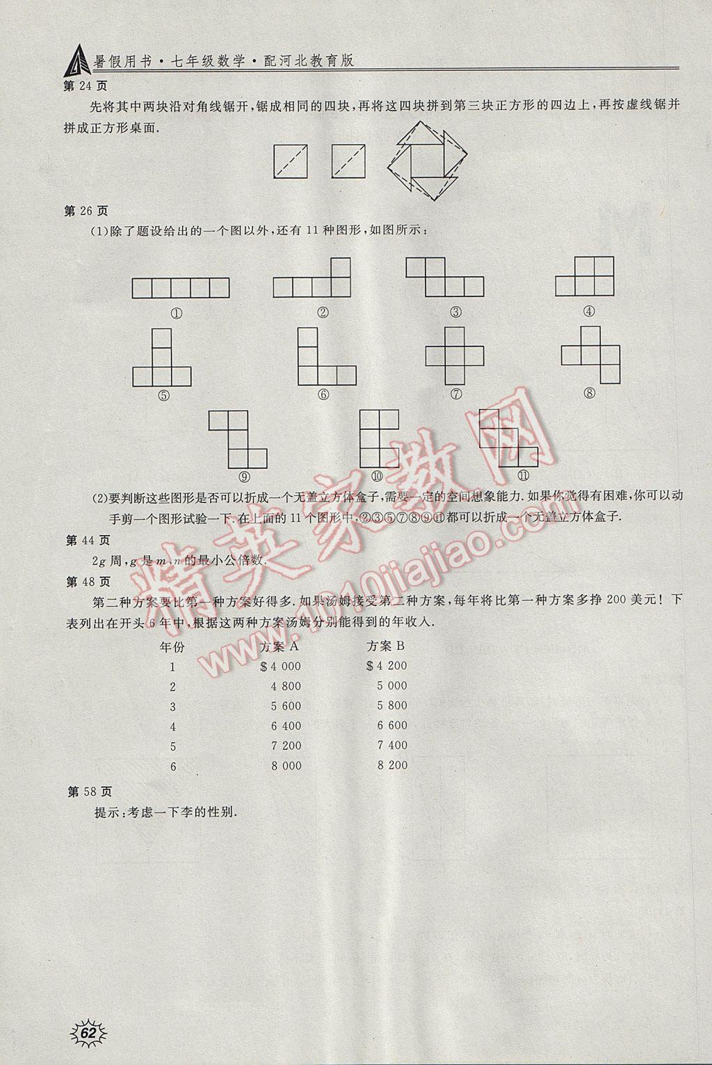 2017年新课堂假期生活暑假用书七年级数学冀教版北京教育出版社 参考答案第2页