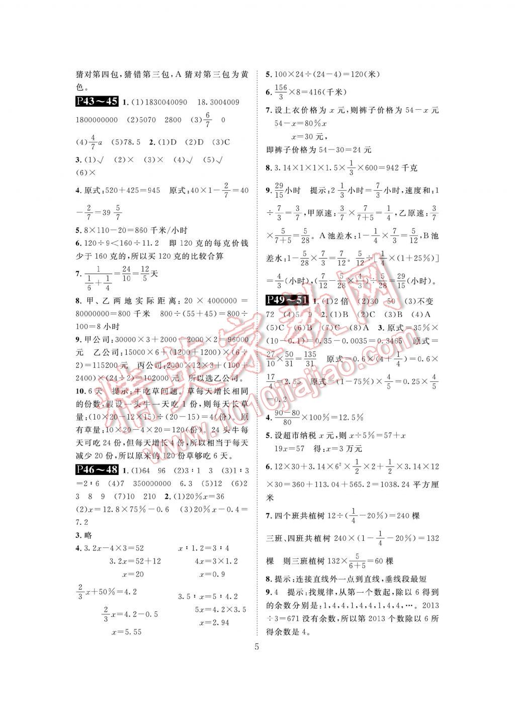 2017年长江暑假作业六年级数学 参考答案第5页