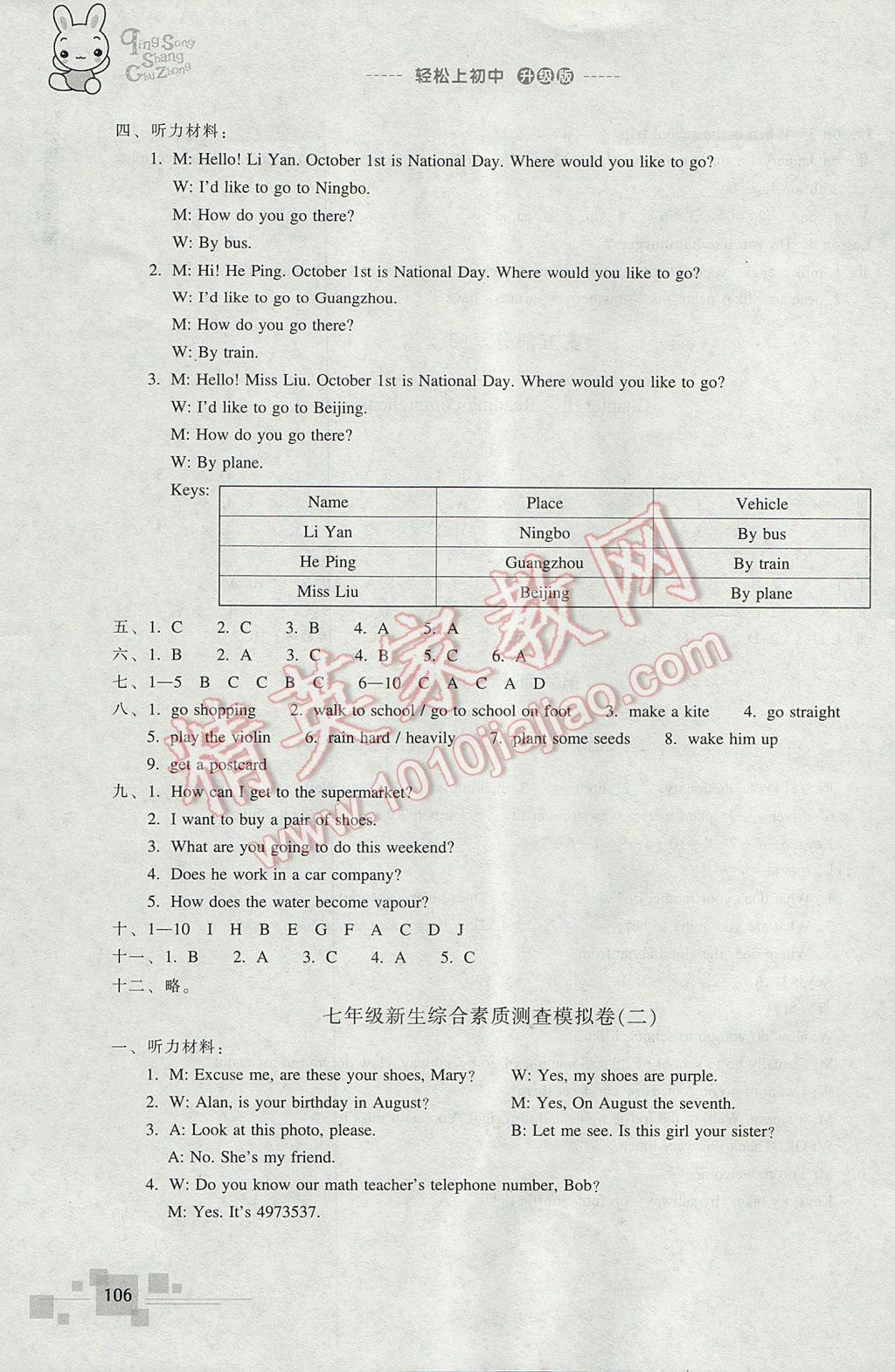 2017年轻松上初中英语暑假作业小学毕业班浙江教育出版社 参考答案第10页