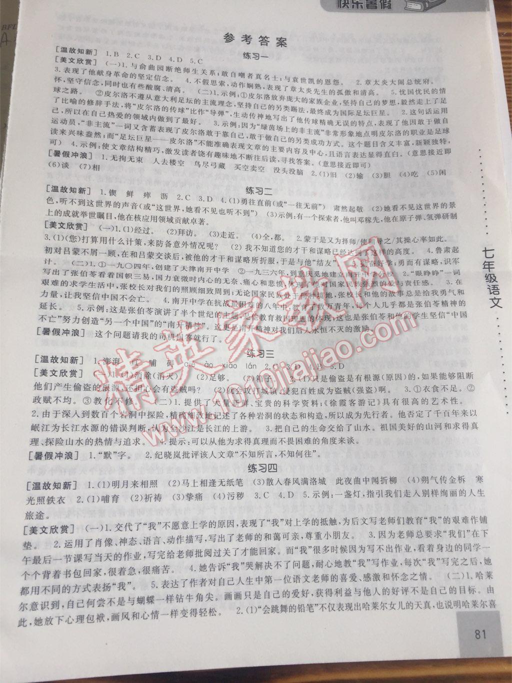 2017年暑假生活學(xué)期總復(fù)習(xí)七年級(jí)語(yǔ)文通用版河北科學(xué)技術(shù)出版社 參考答案第1頁(yè)