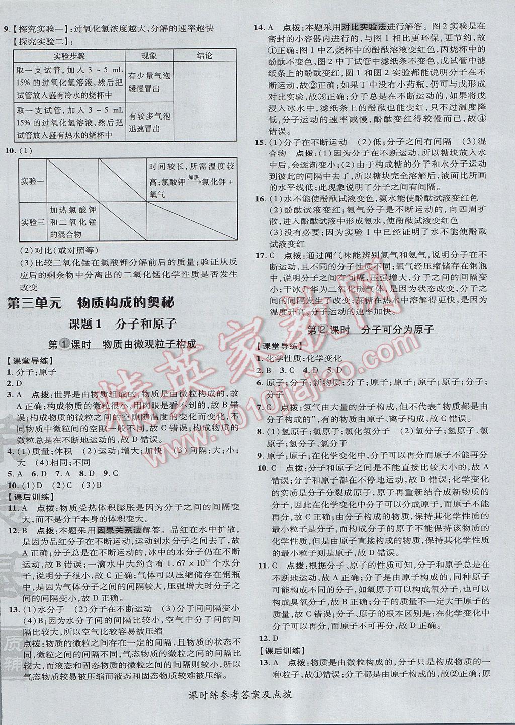 2017年點(diǎn)撥訓(xùn)練九年級化學(xué)上冊人教版 參考答案第16頁