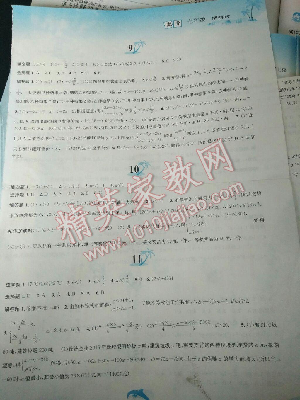 2016年暑假作業(yè)七年級數(shù)學(xué)滬科版黃山書社 參考答案第3頁