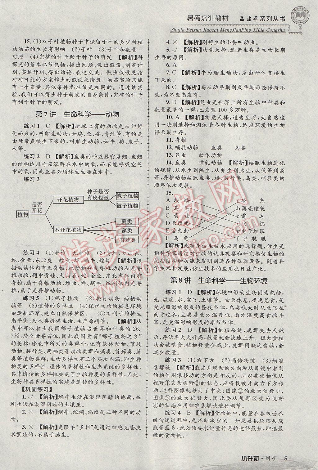 2017年孟建平暑假培訓(xùn)教材小升初科學(xué) 參考答案第5頁