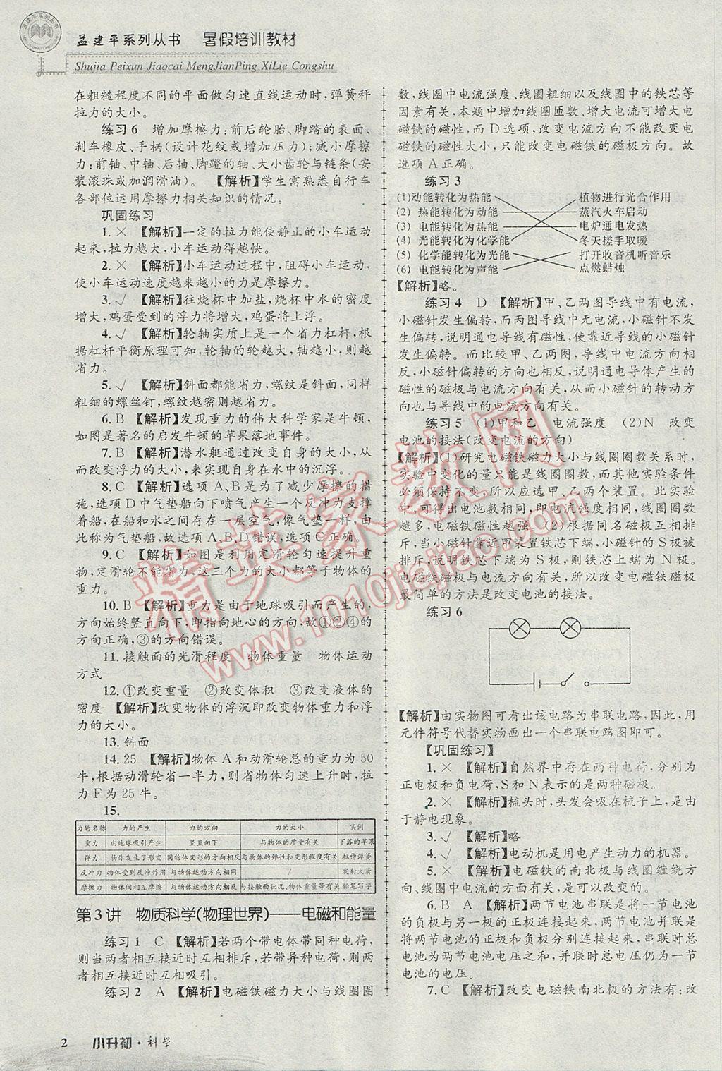 2017年孟建平暑假培訓教材小升初科學 參考答案第2頁