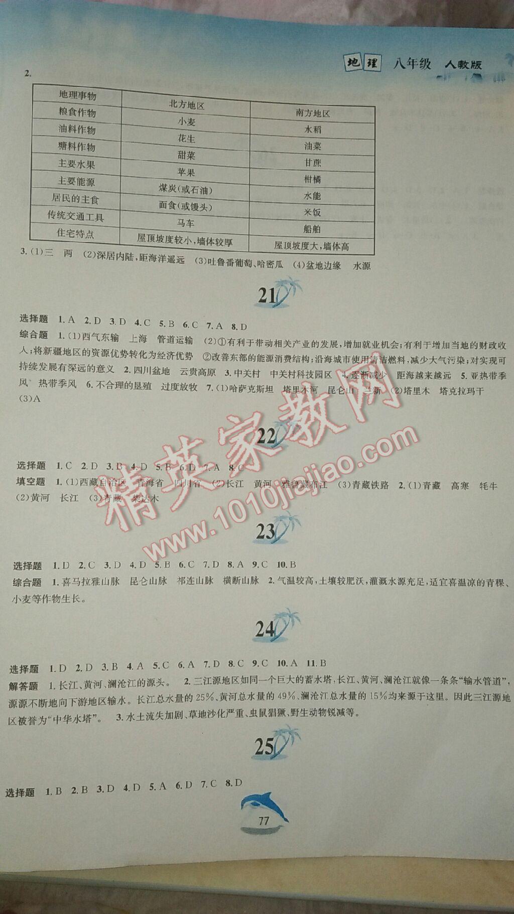 2017年暑假作業(yè)八年級地理人教版黃山書社 參考答案第4頁