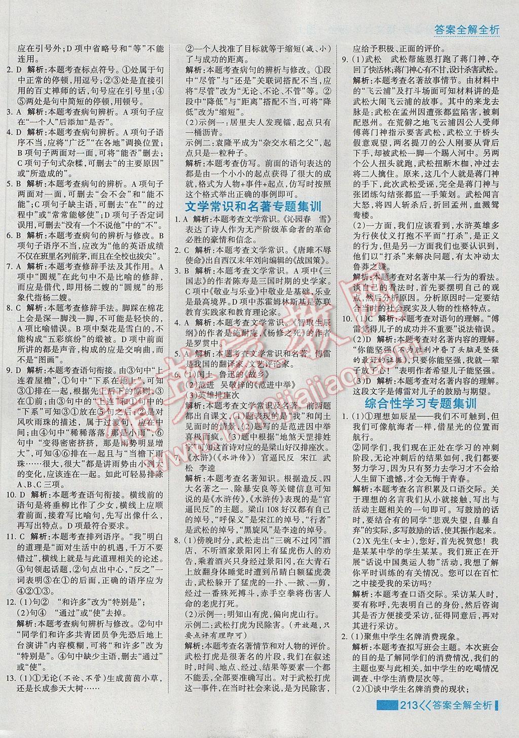 2017年考點集訓(xùn)與滿分備考九年級語文全一冊上 參考答案第29頁