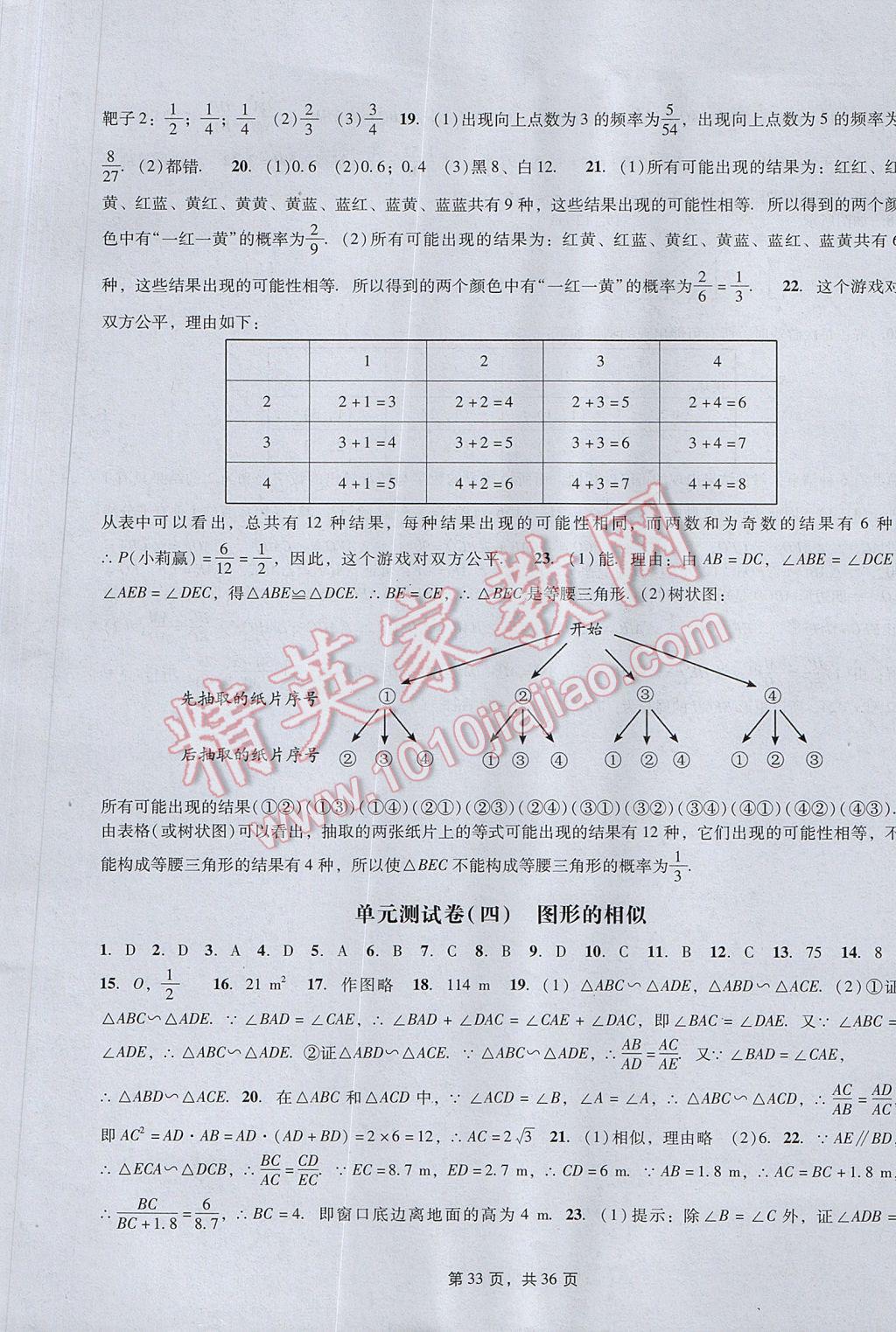 2017年深圳金卷初中數(shù)學(xué)課時作業(yè)AB本九年級上冊 參考答案第33頁