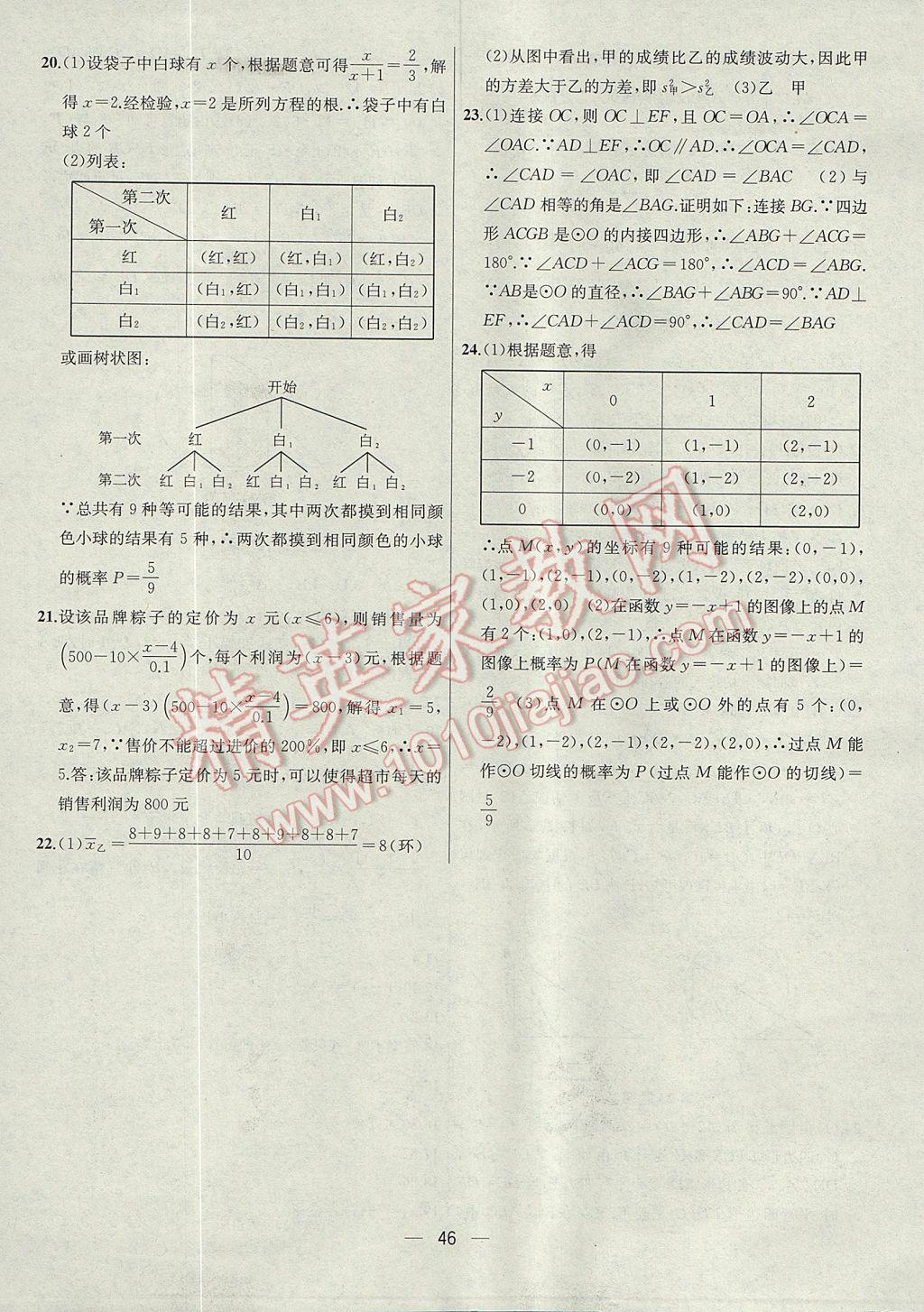 2017年金鑰匙提優(yōu)訓(xùn)練課課練九年級數(shù)學(xué)上冊江蘇版 參考答案第46頁