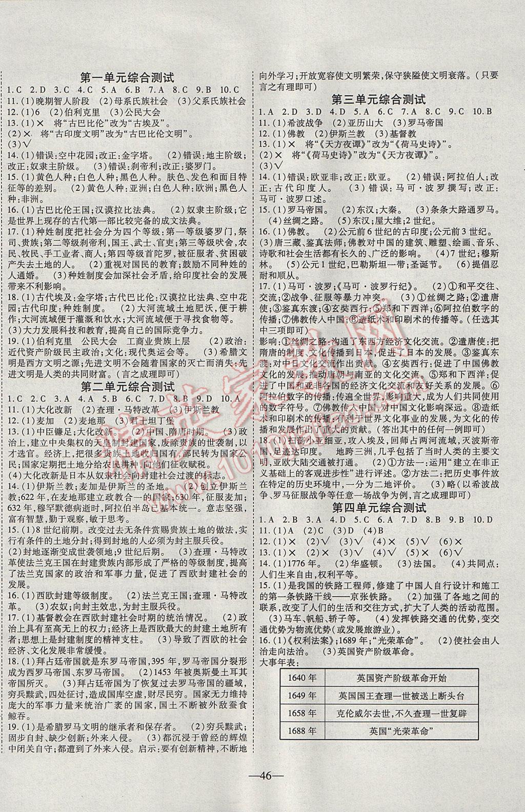 2017年新课程成长资源课时精练九年级历史上册人教版 参考答案第6页