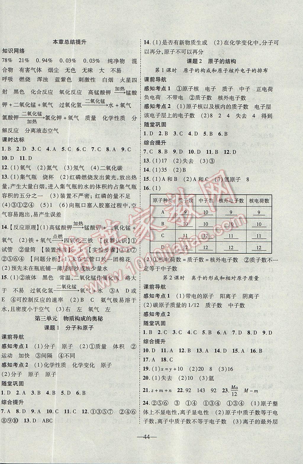 2017年新课程成长资源课时精练九年级化学上册人教版 参考答案第4页