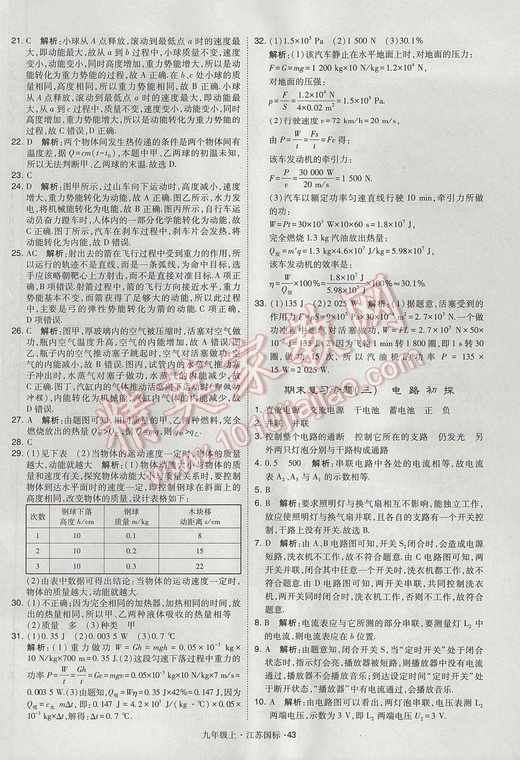 2017年经纶学典学霸九年级物理上册江苏版 参考答案第43页