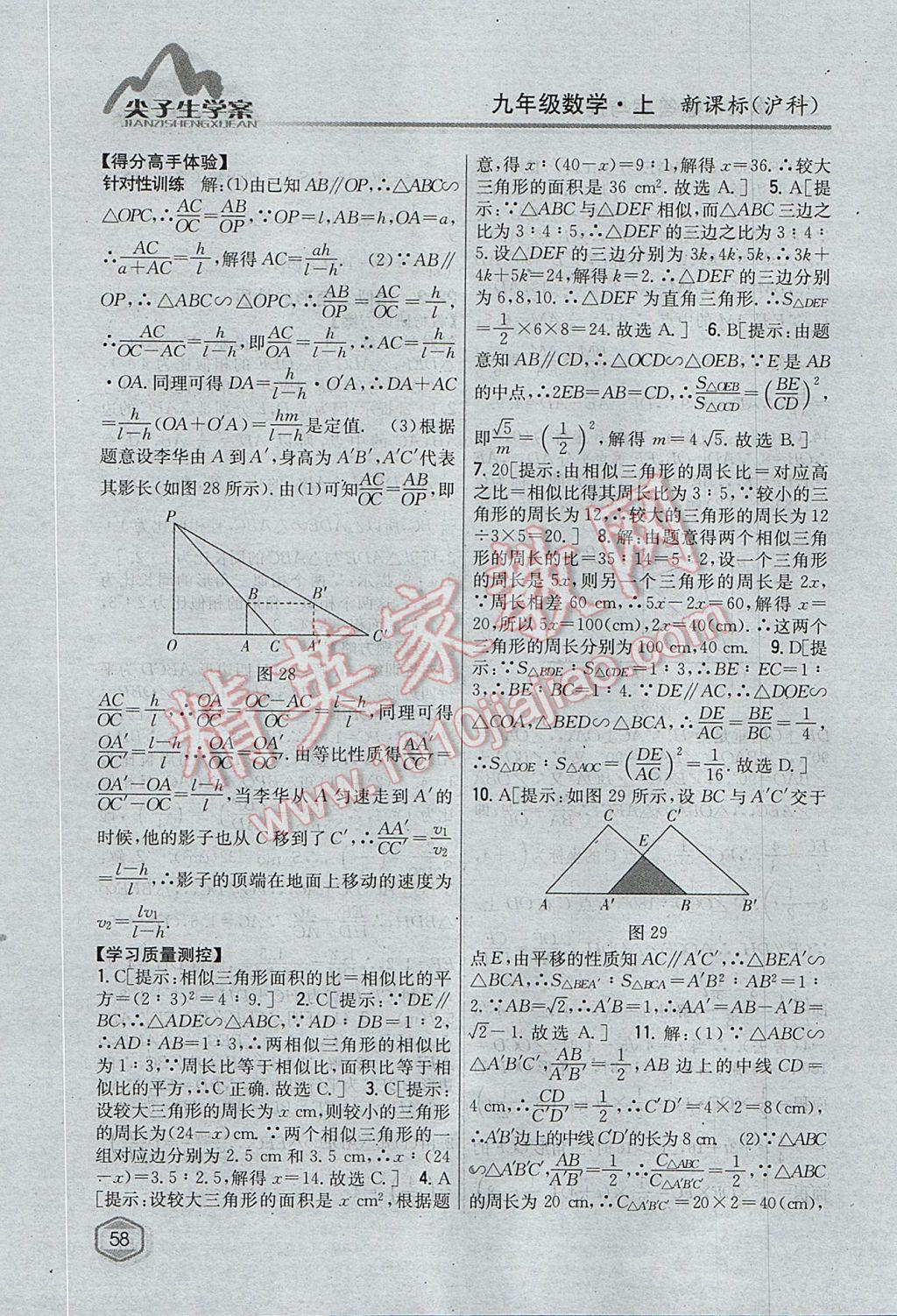 2017年尖子生学案九年级数学上册沪科版 参考答案第26页