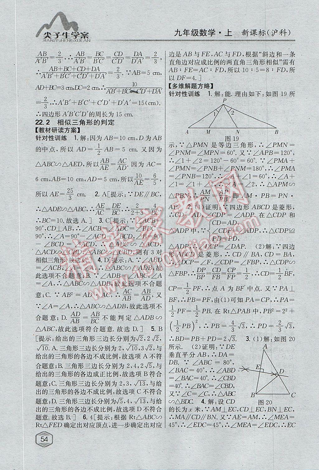 2017年尖子生学案九年级数学上册沪科版 参考答案第22页