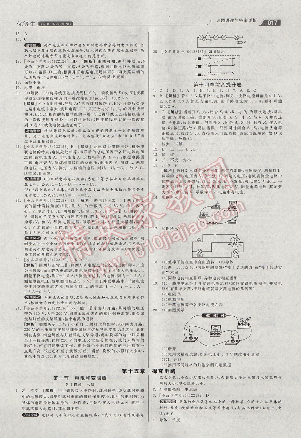 2017年全品優(yōu)等生同步作業(yè)加專題訓(xùn)練九年級物理全一冊滬科版 參考答案第17頁