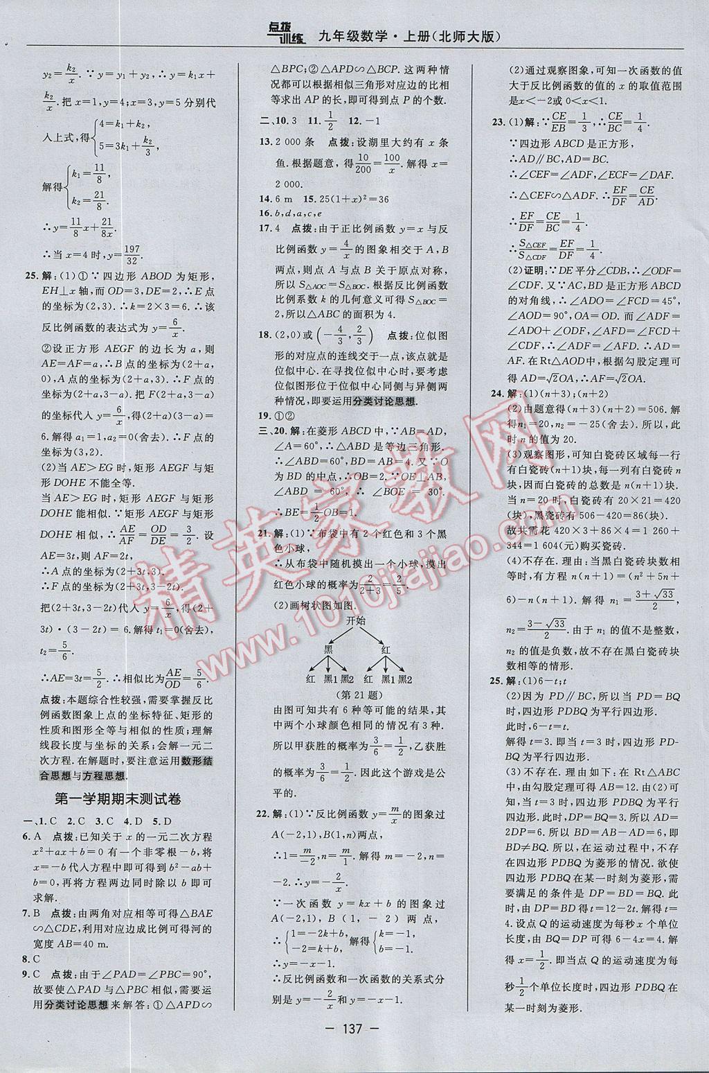 2017年點撥訓練九年級數(shù)學上冊北師大版 參考答案第7頁