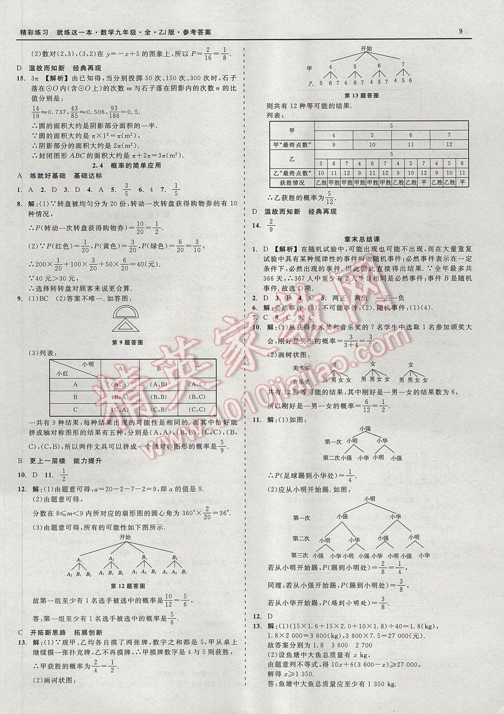 2017年精彩練習(xí)就練這一本九年級(jí)數(shù)學(xué)全一冊(cè)浙教版 參考答案第9頁(yè)