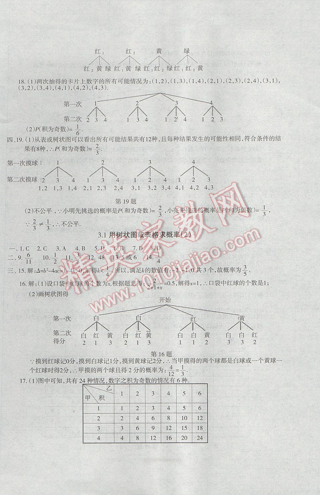 2017年樹人練案九年級數學全一冊北師大版 參考答案第14頁