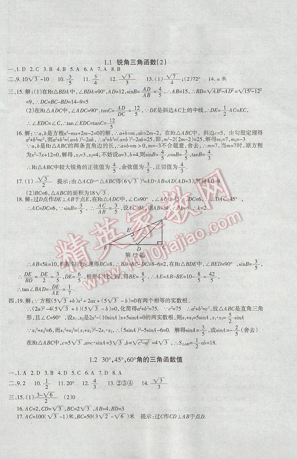 2017年樹人練案九年級數(shù)學(xué)全一冊北師大版 參考答案第38頁