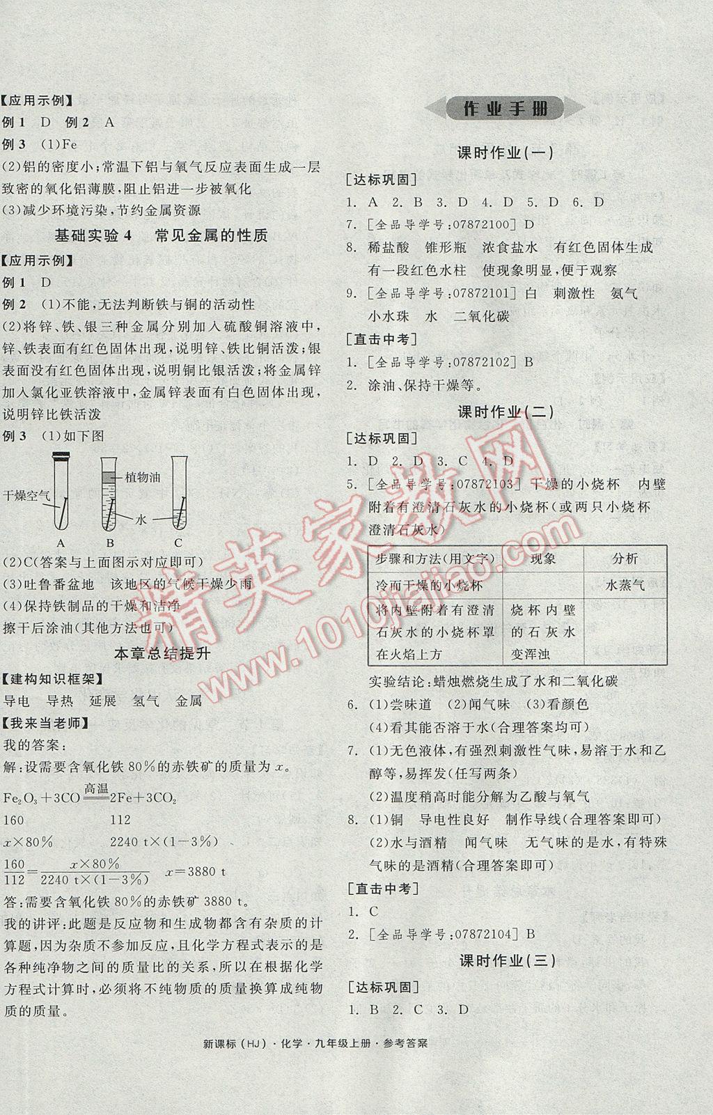 2017年全品学练考九年级化学上册沪教版 参考答案第8页