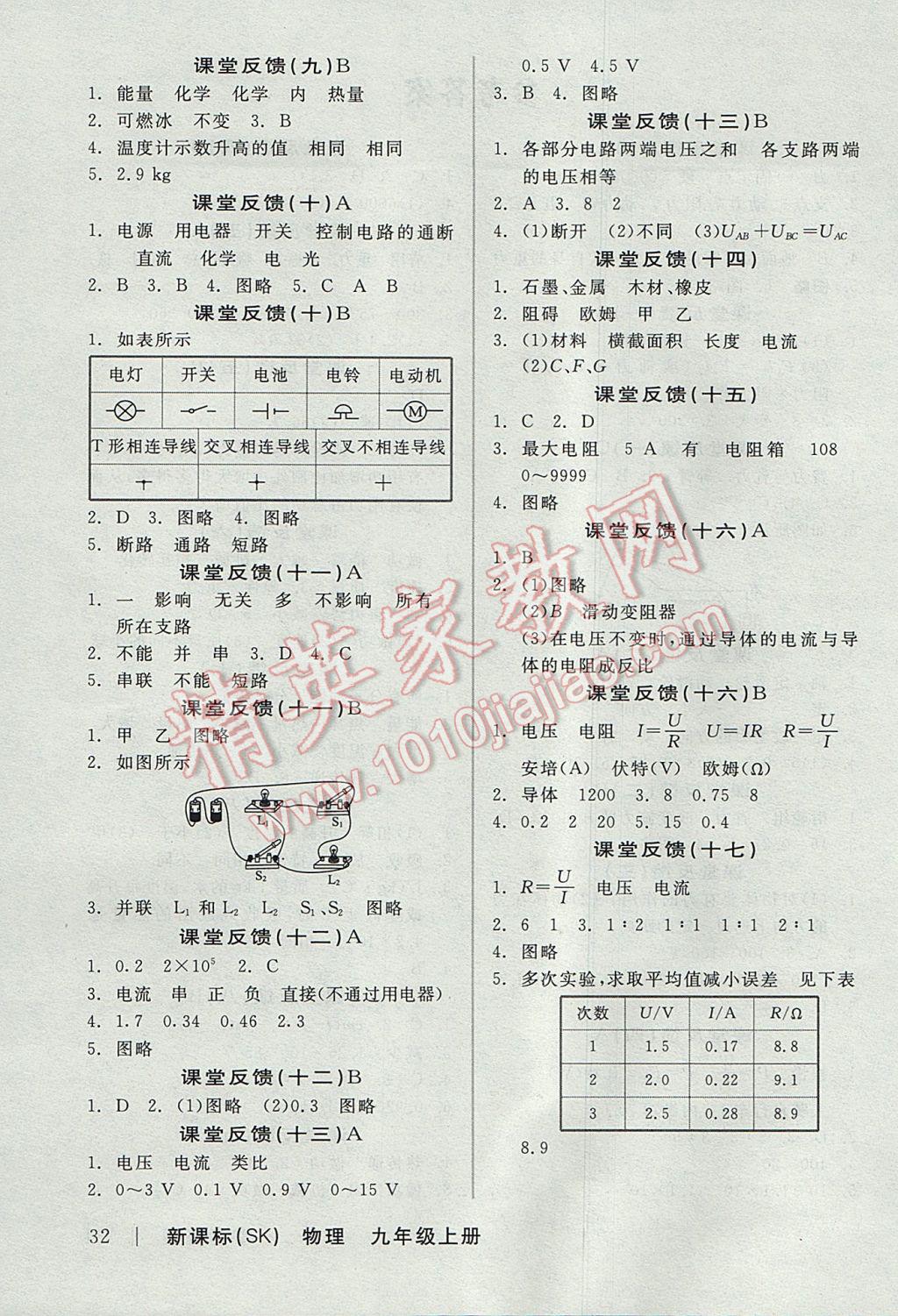 2017年全品学练考九年级物理上册苏科版 课堂反馈答案第18页