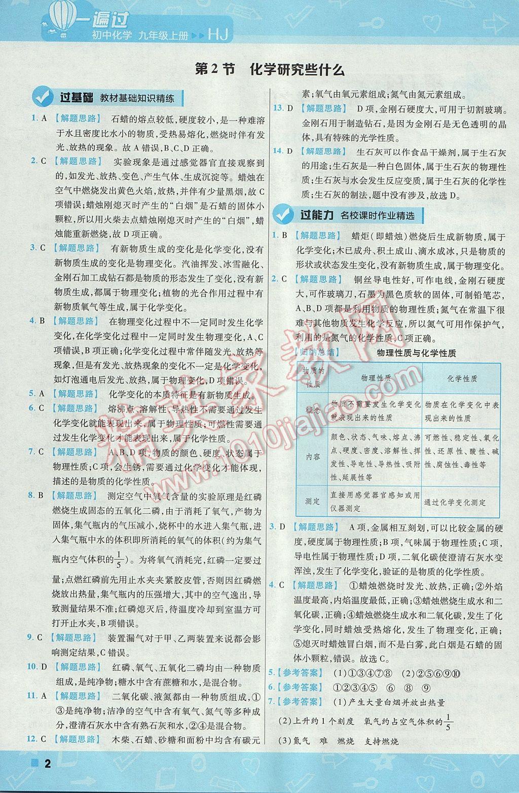 2017年一遍過初中化學(xué)九年級(jí)上冊滬教版 參考答案第2頁