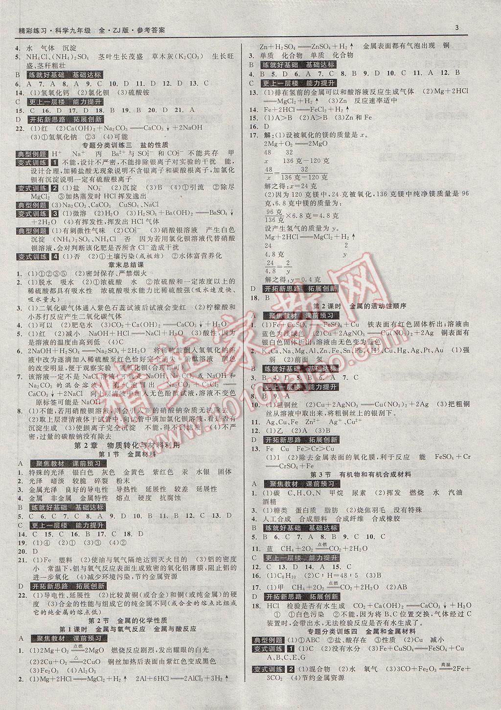 2017年精彩練習就練這一本九年級科學全一冊浙教版 參考答案第3頁