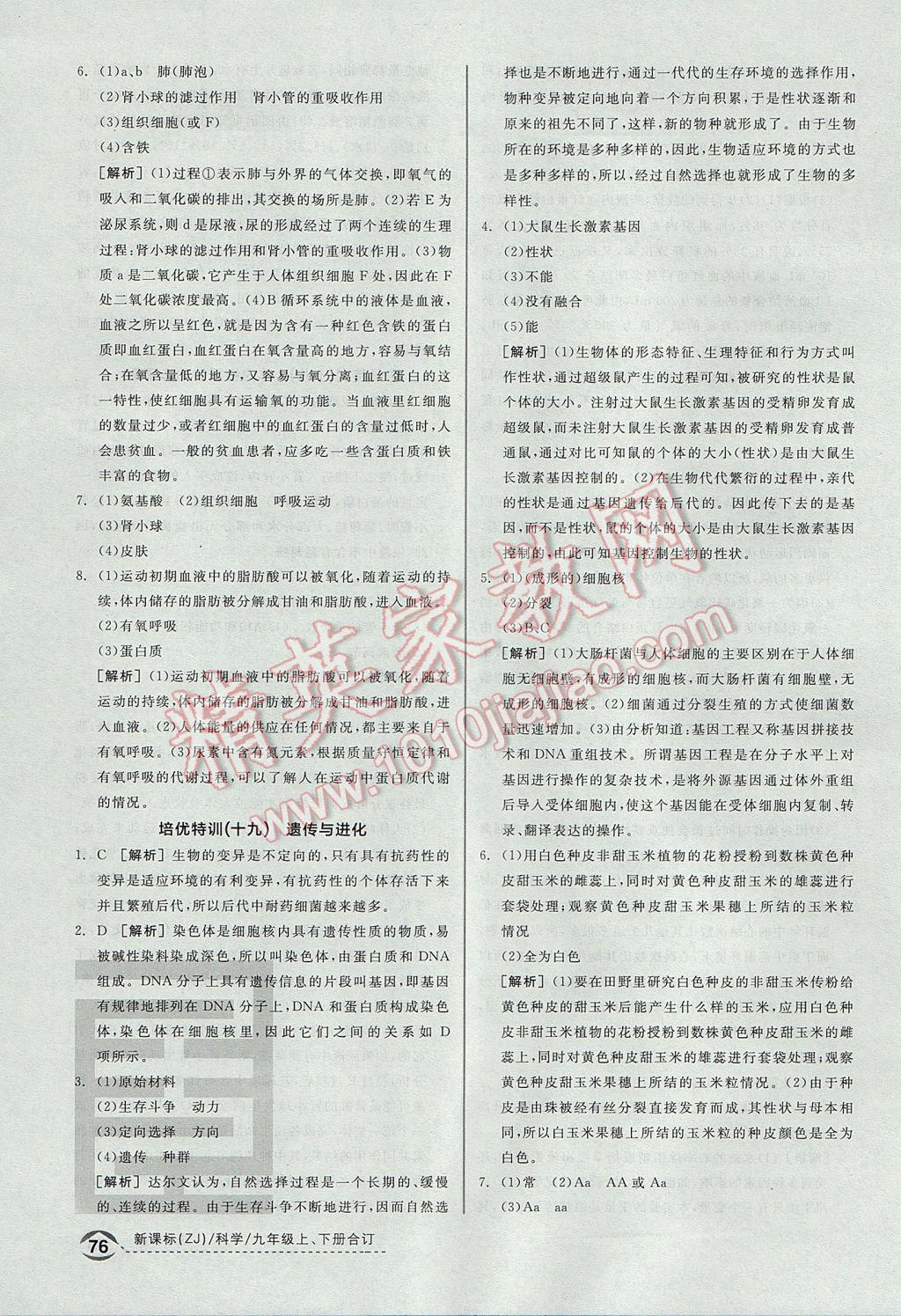 2017年全品优等生九年级科学上下册合订本浙教版 培优特训答案第46页